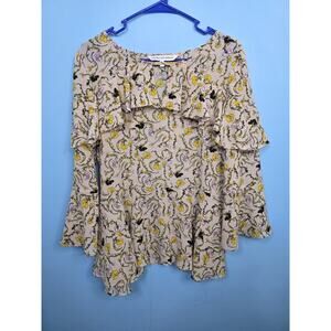 Cupcakes and Cashmere Beige & Multi Floral Ruffle Collar Bell Sleeve Top Large